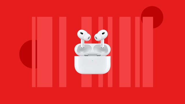 The Apple AirPods Pro 2 are displayed against a red background.