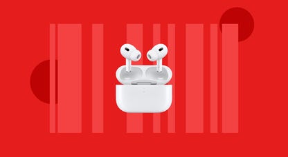 The Apple AirPods Pro 2 are displayed against a red background.