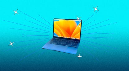 blue laptop showing a yellow flower on screen against a teal background