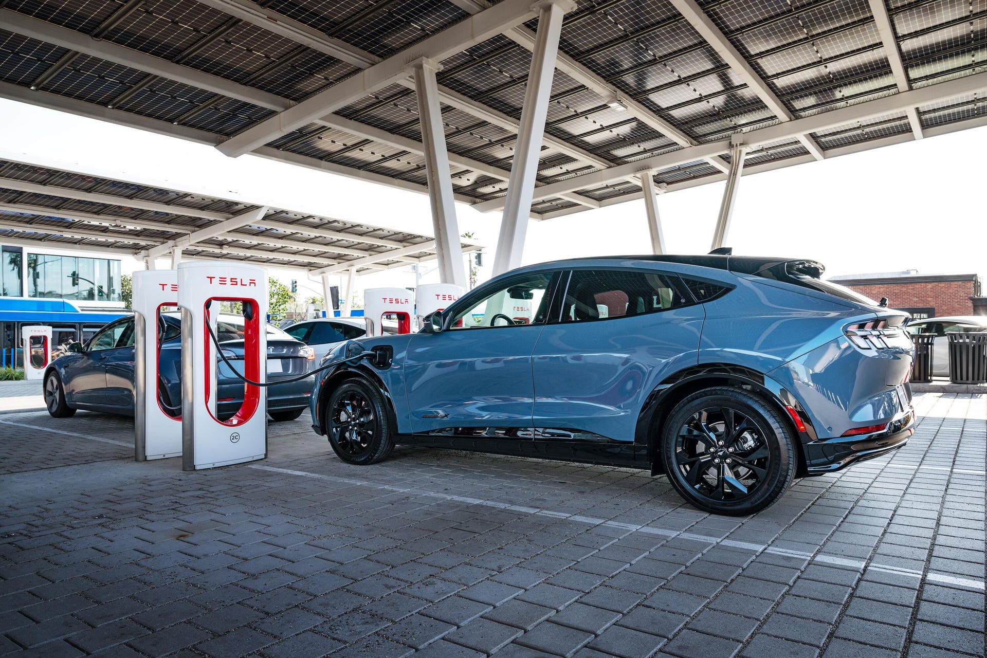 ford mach-e charging at a tesla supercharger station