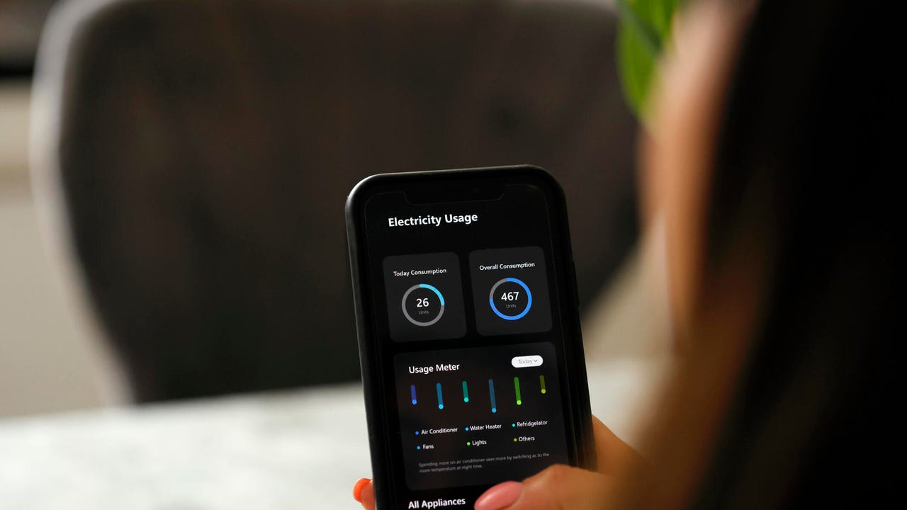 A person holds a phone app that shows electricity usage.