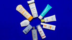 Nine containers of sunscreen arranged in a circle